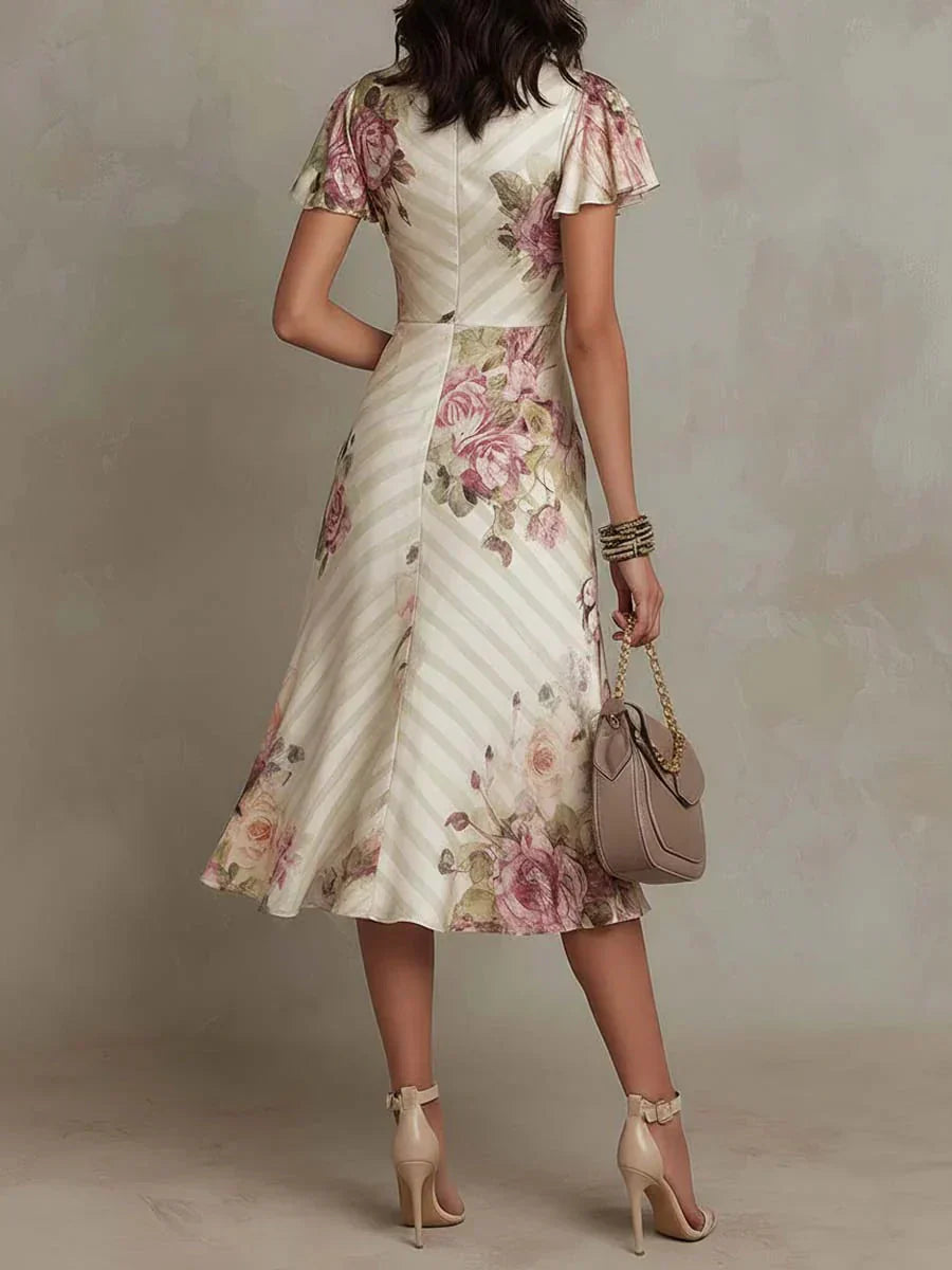 Alba | Elegante Midi Jurk met Drapage en Bloemen