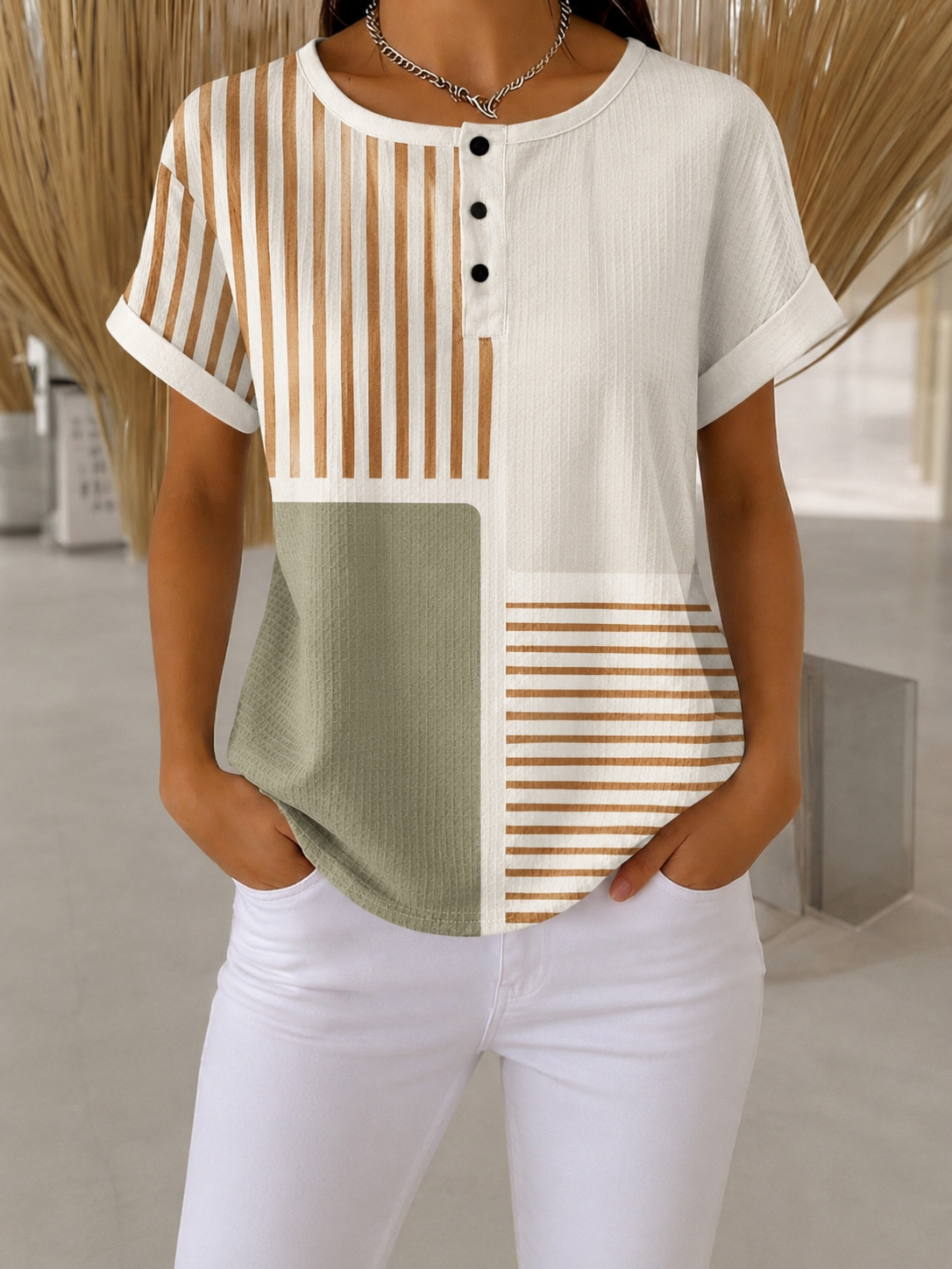 Gestreept Kleurblok T-Shirt