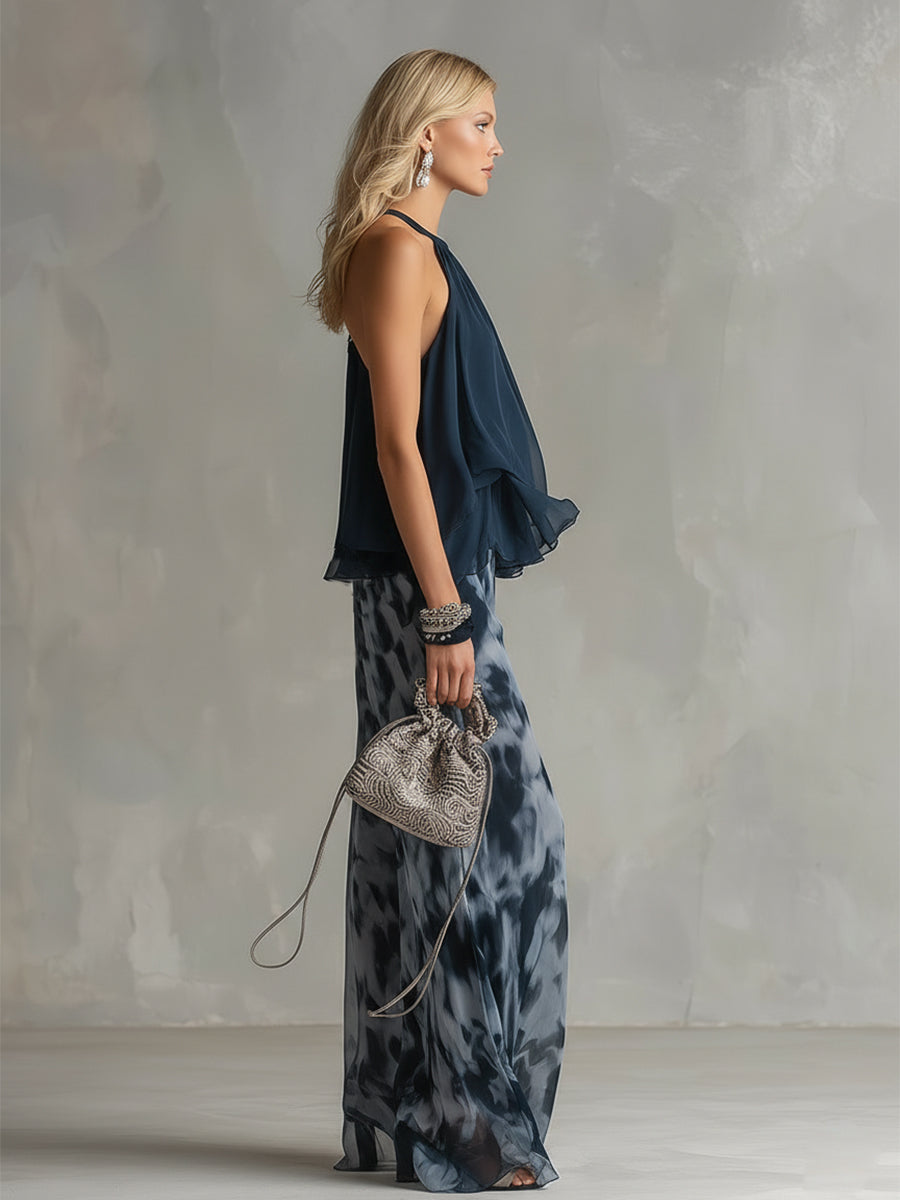 Ludovica | Elegante Haltertop Blauw Navy en Wijde Geprinte Broek