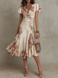 Alba | Elegante Midi Jurk met Drapage en Bloemen