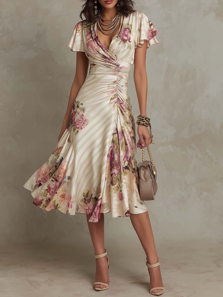 Alba | Elegante Midi Jurk met Drapage en Bloemen