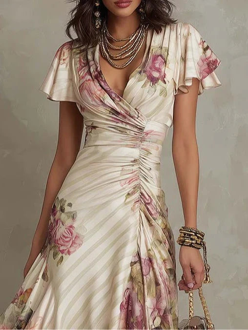 Alba | Elegante Midi Jurk met Drapage en Bloemen