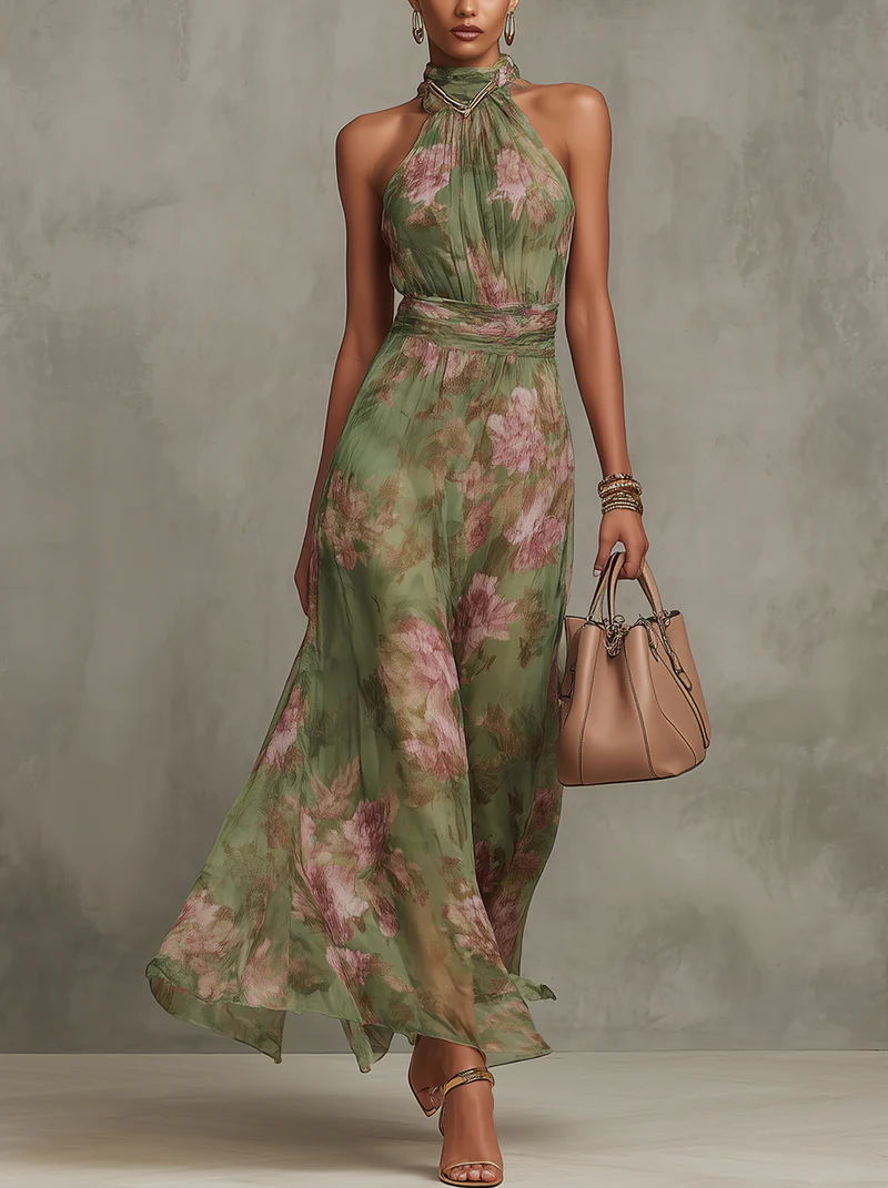 Serena — Elegante Maxi-jurk in Chiffon met Amerikaanse Hals