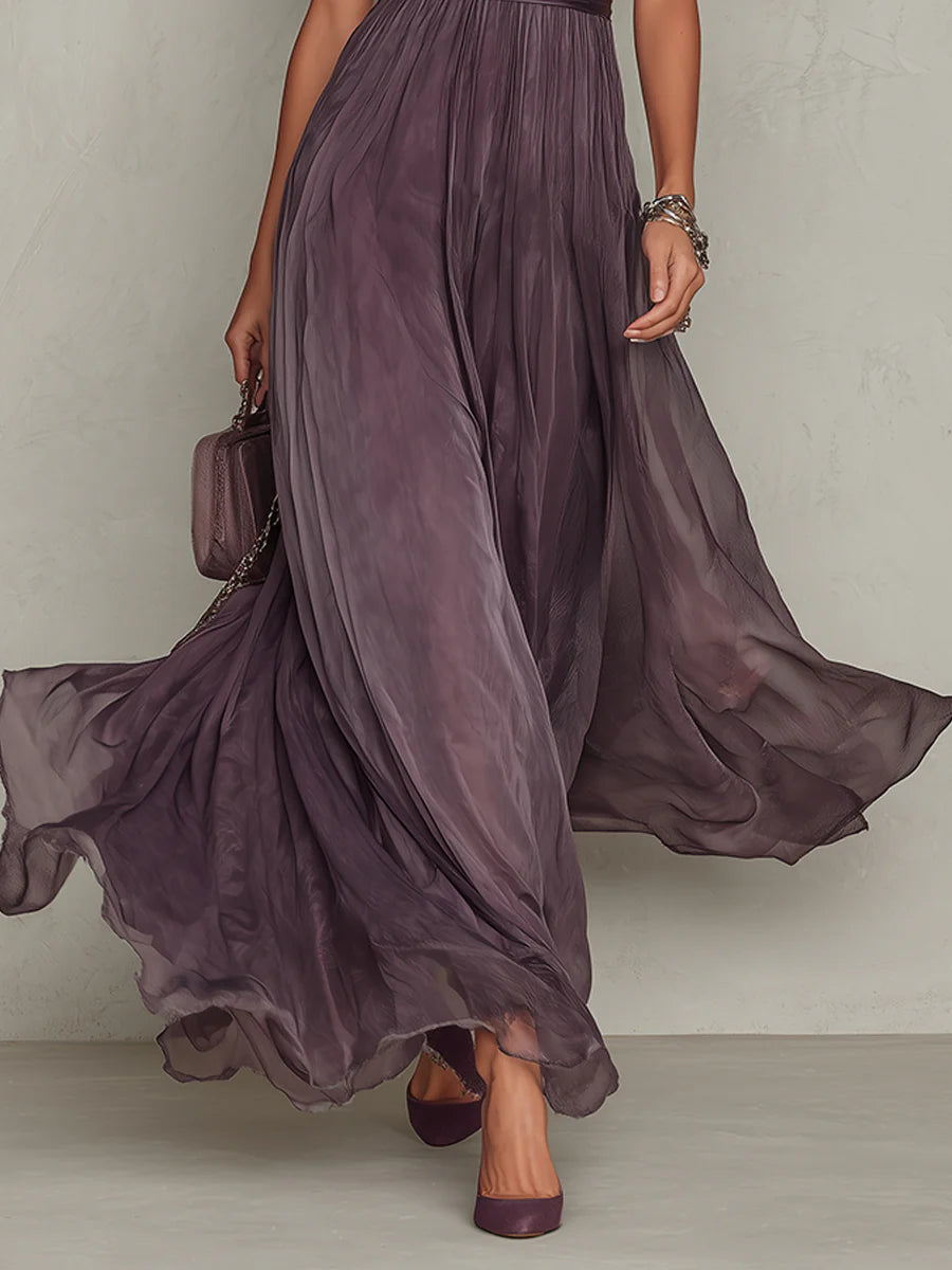 Flavia | Elegante Maxi Jurk in Paarse Chiffon met Cut-Out