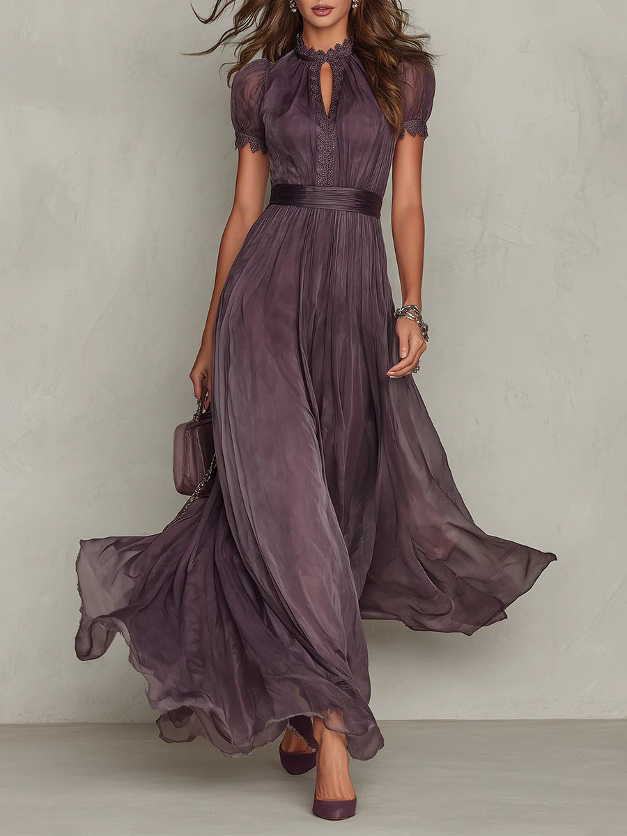 Flavia | Elegante Maxi Jurk in Paarse Chiffon met Cut-Out