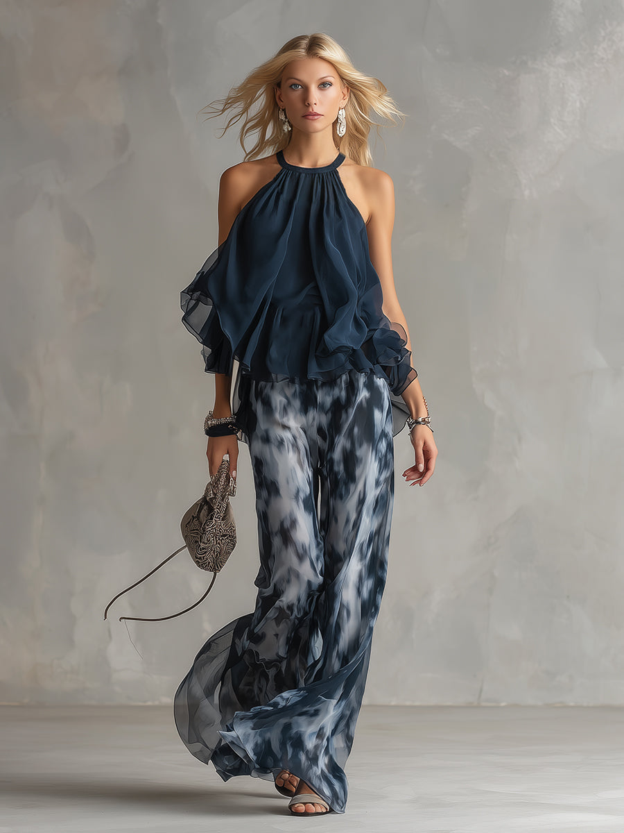 Ludovica | Elegante Haltertop Blauw Navy en Wijde Geprinte Broek