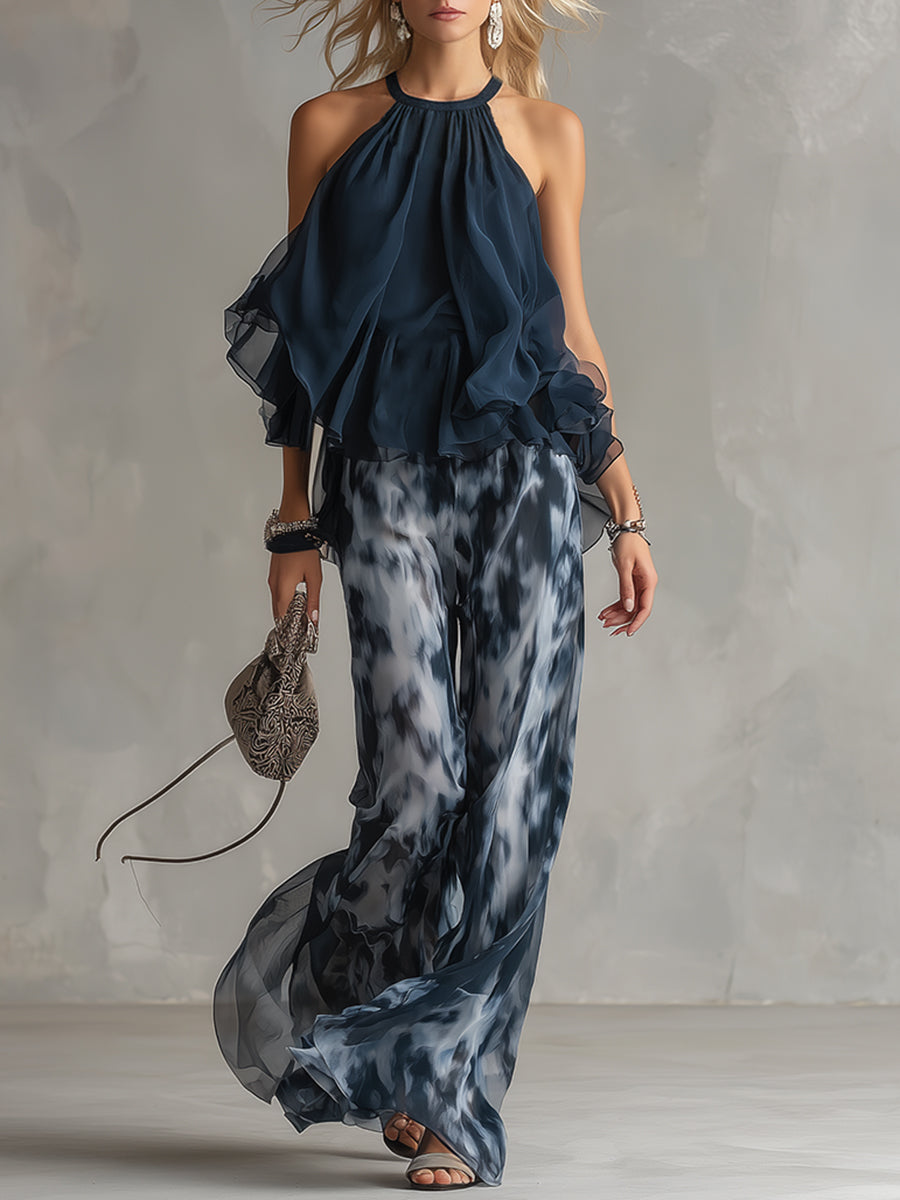 Ludovica | Elegante Haltertop Blauw Navy en Wijde Geprinte Broek
