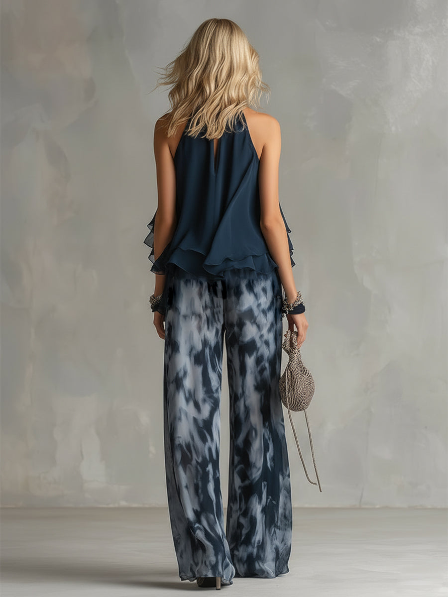 Ludovica | Elegante Haltertop Blauw Navy en Wijde Geprinte Broek