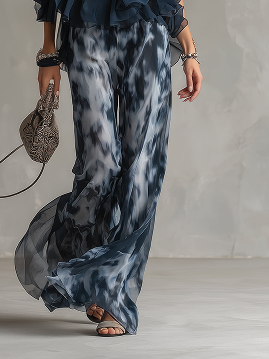 Ludovica | Elegante Haltertop Blauw Navy en Wijde Geprinte Broek
